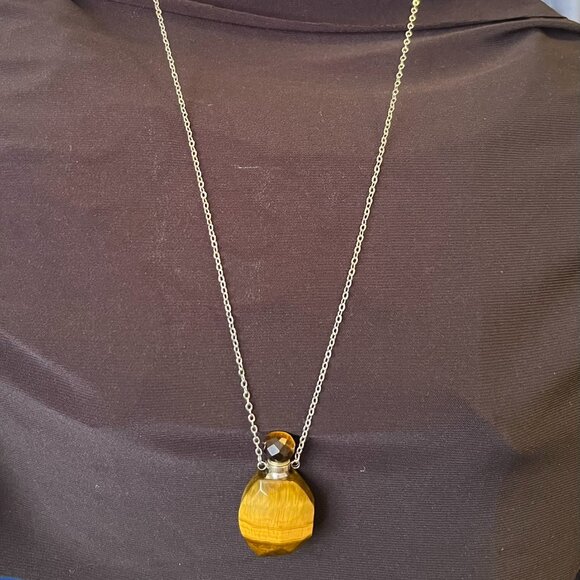 Jewelry - Tiger’s Eye Natural Stone Vial Pendant • 20” Silver Tone Chain • Keepsake Urn